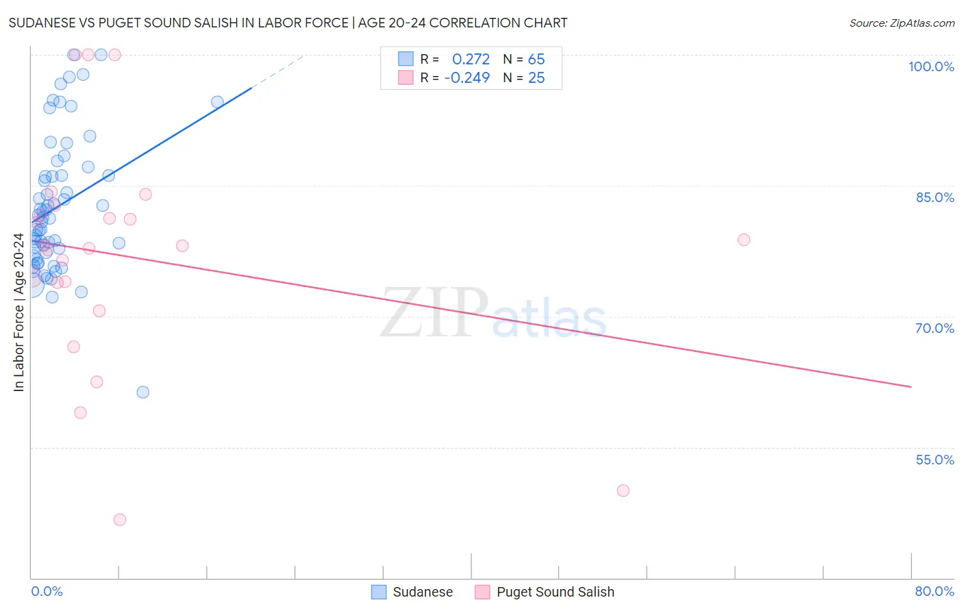 Sudanese vs Puget Sound Salish In Labor Force | Age 20-24