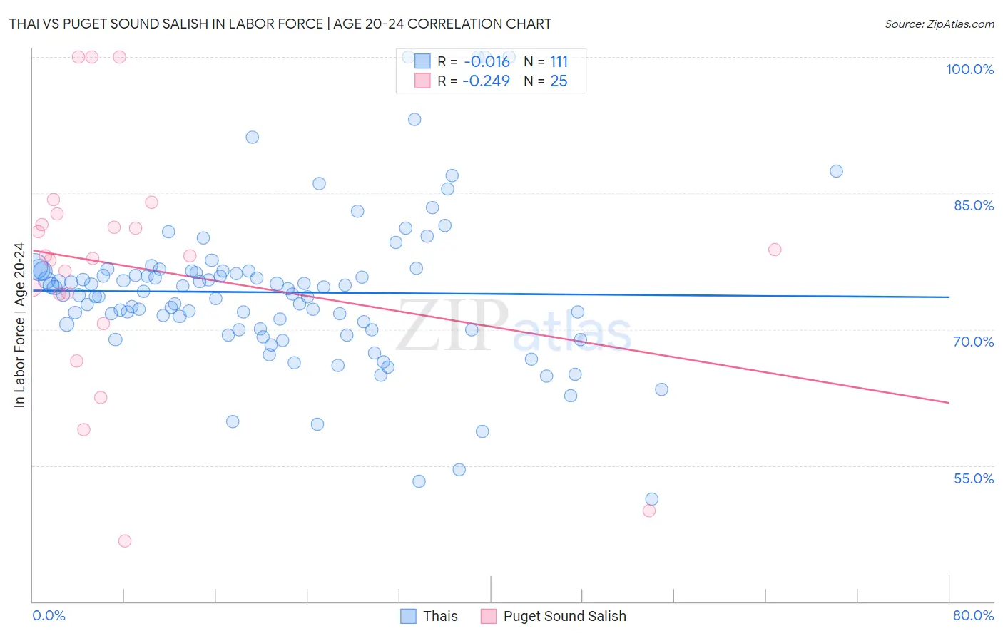 Thai vs Puget Sound Salish In Labor Force | Age 20-24