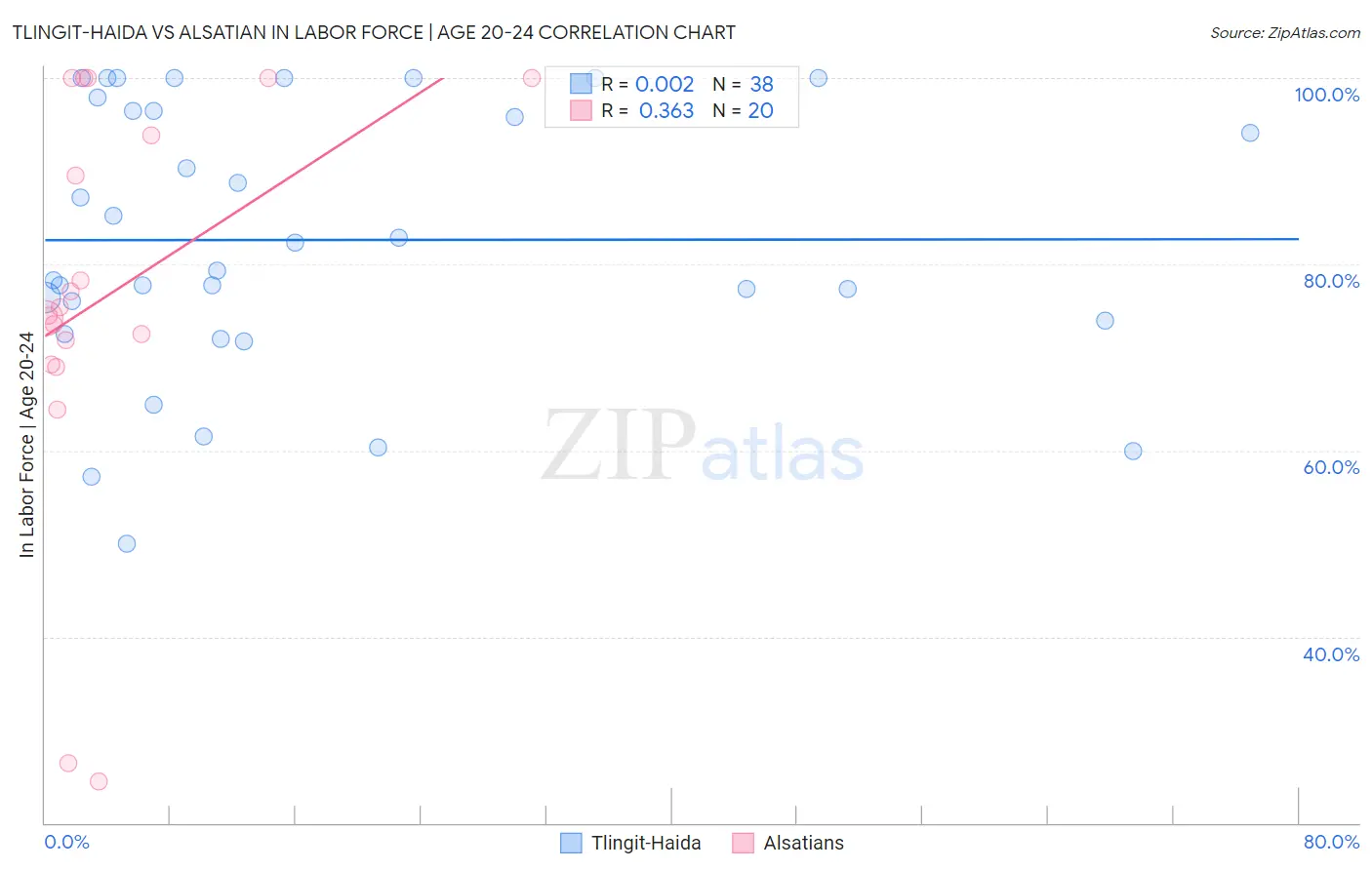 Tlingit-Haida vs Alsatian In Labor Force | Age 20-24