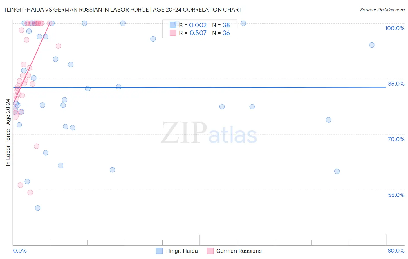 Tlingit-Haida vs German Russian In Labor Force | Age 20-24