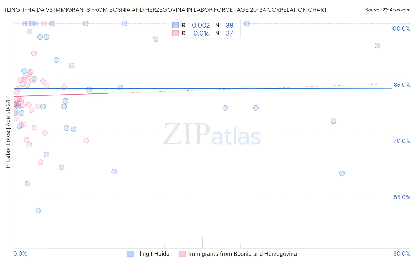 Tlingit-Haida vs Immigrants from Bosnia and Herzegovina In Labor Force | Age 20-24
