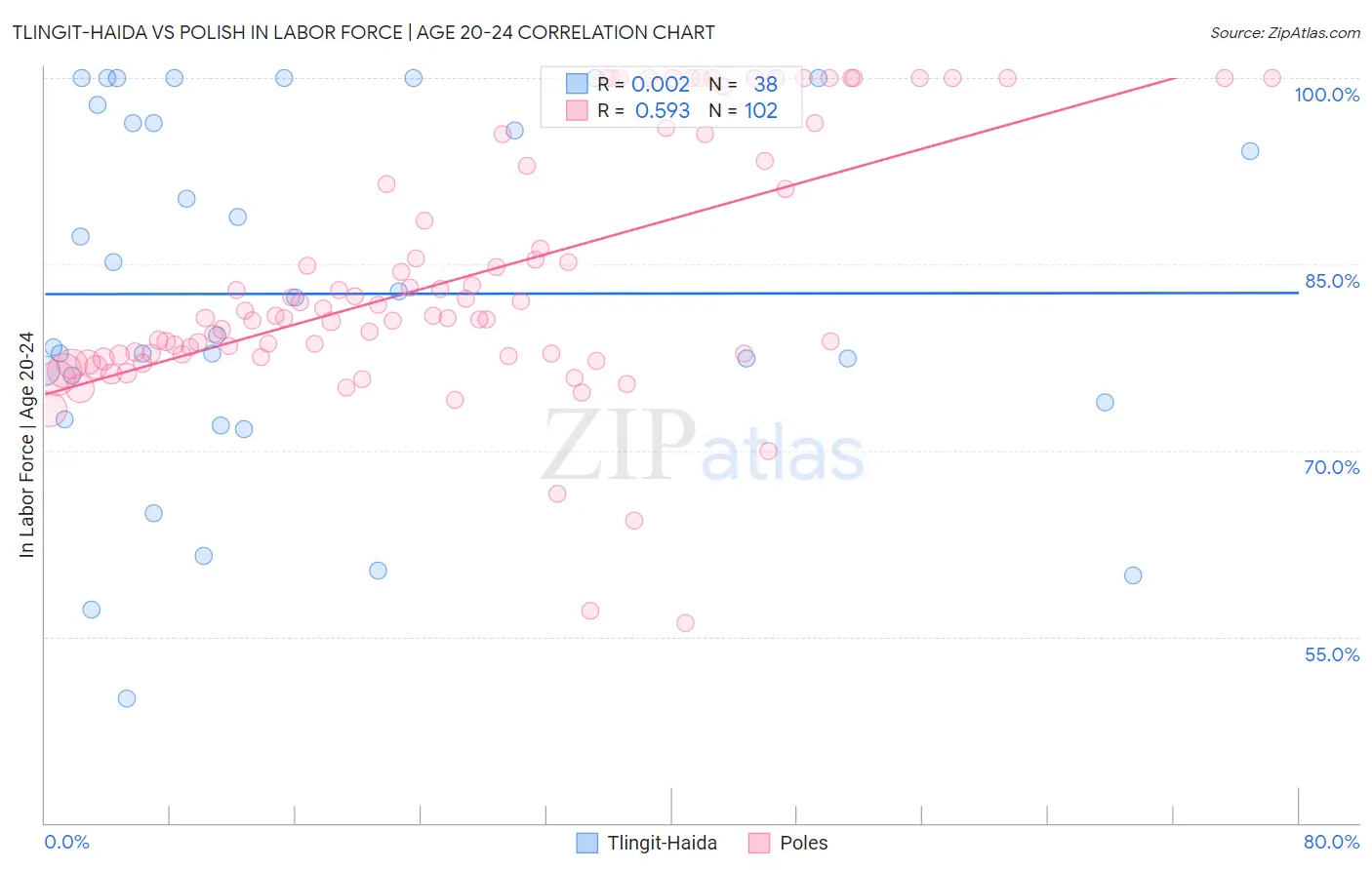 Tlingit-Haida vs Polish In Labor Force | Age 20-24