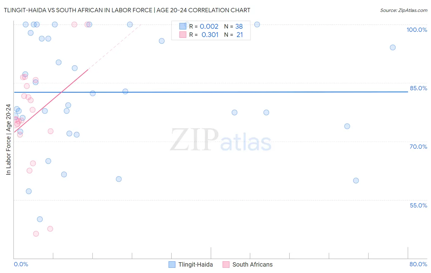Tlingit-Haida vs South African In Labor Force | Age 20-24