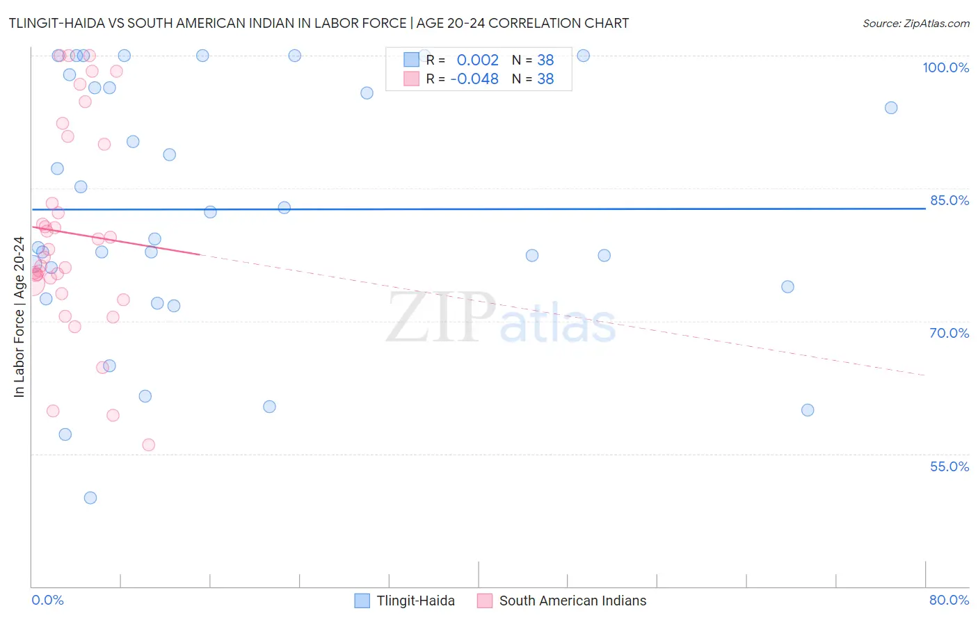 Tlingit-Haida vs South American Indian In Labor Force | Age 20-24