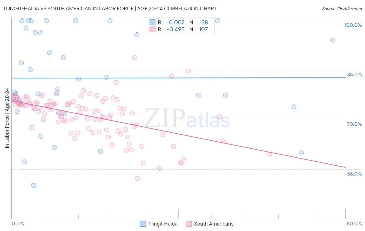 Tlingit-Haida vs South American In Labor Force | Age 20-24