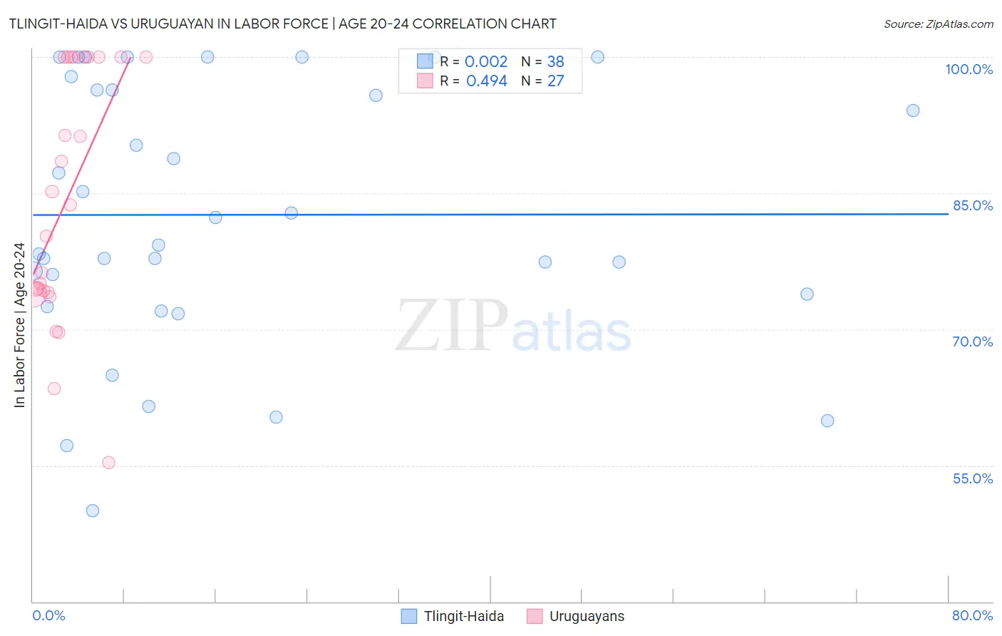 Tlingit-Haida vs Uruguayan In Labor Force | Age 20-24