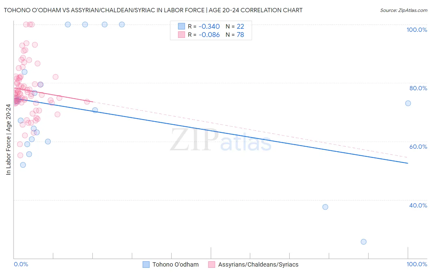 Tohono O'odham vs Assyrian/Chaldean/Syriac In Labor Force | Age 20-24