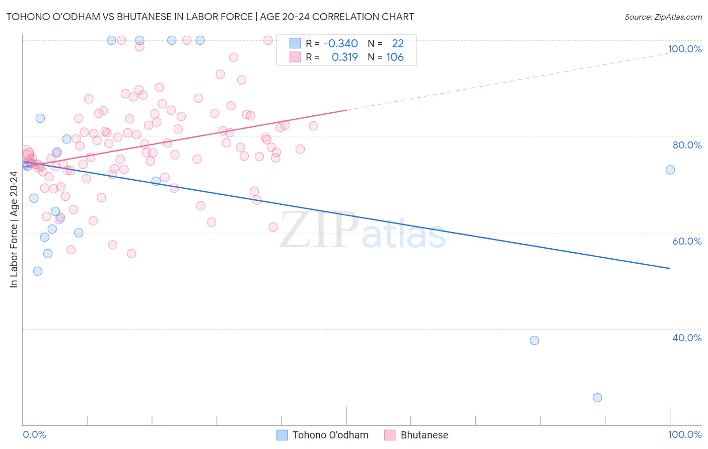 Tohono O'odham vs Bhutanese In Labor Force | Age 20-24