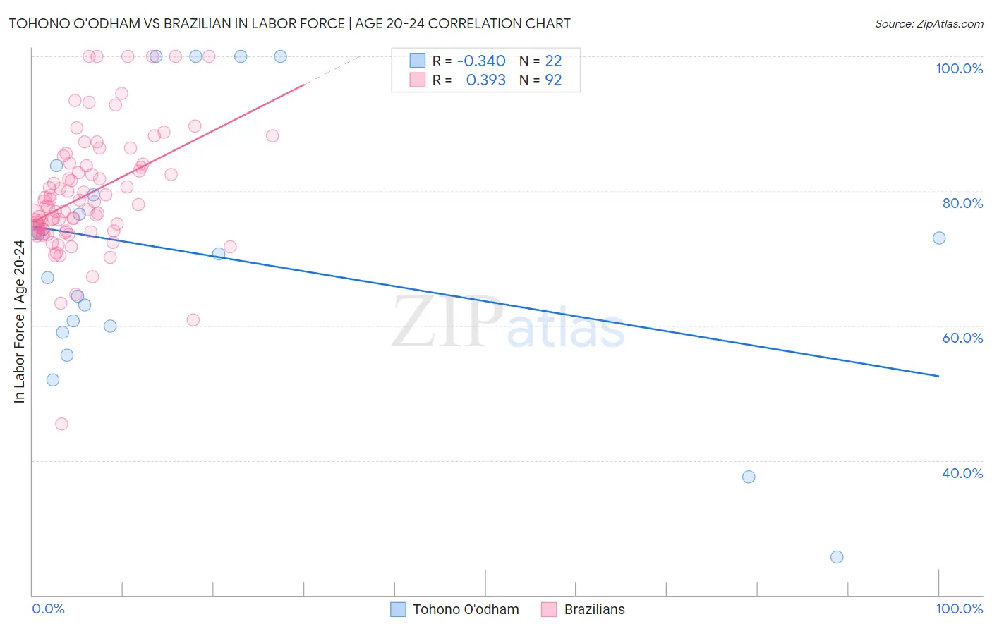 Tohono O'odham vs Brazilian In Labor Force | Age 20-24