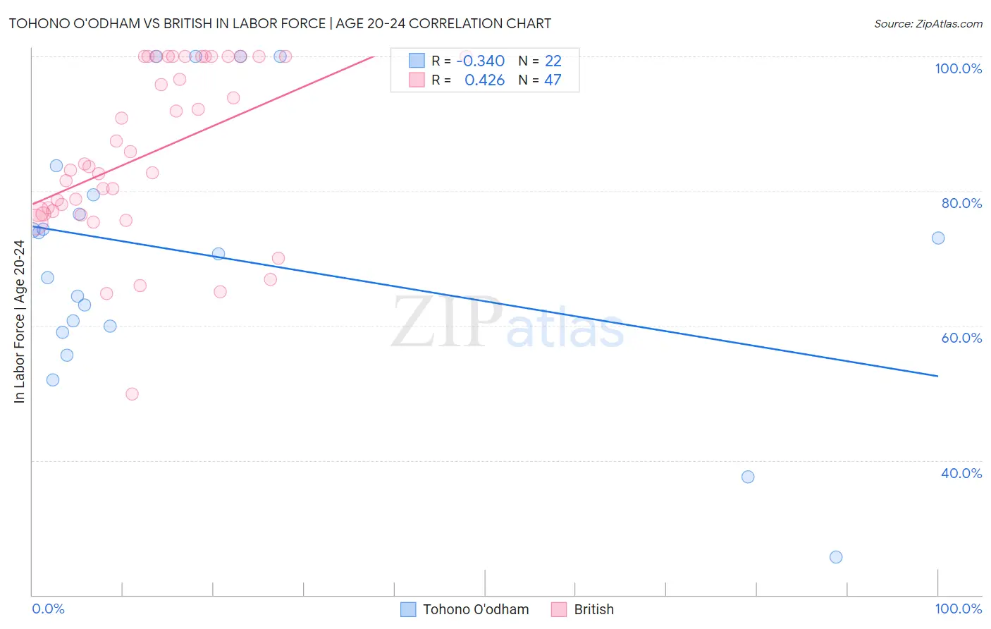 Tohono O'odham vs British In Labor Force | Age 20-24