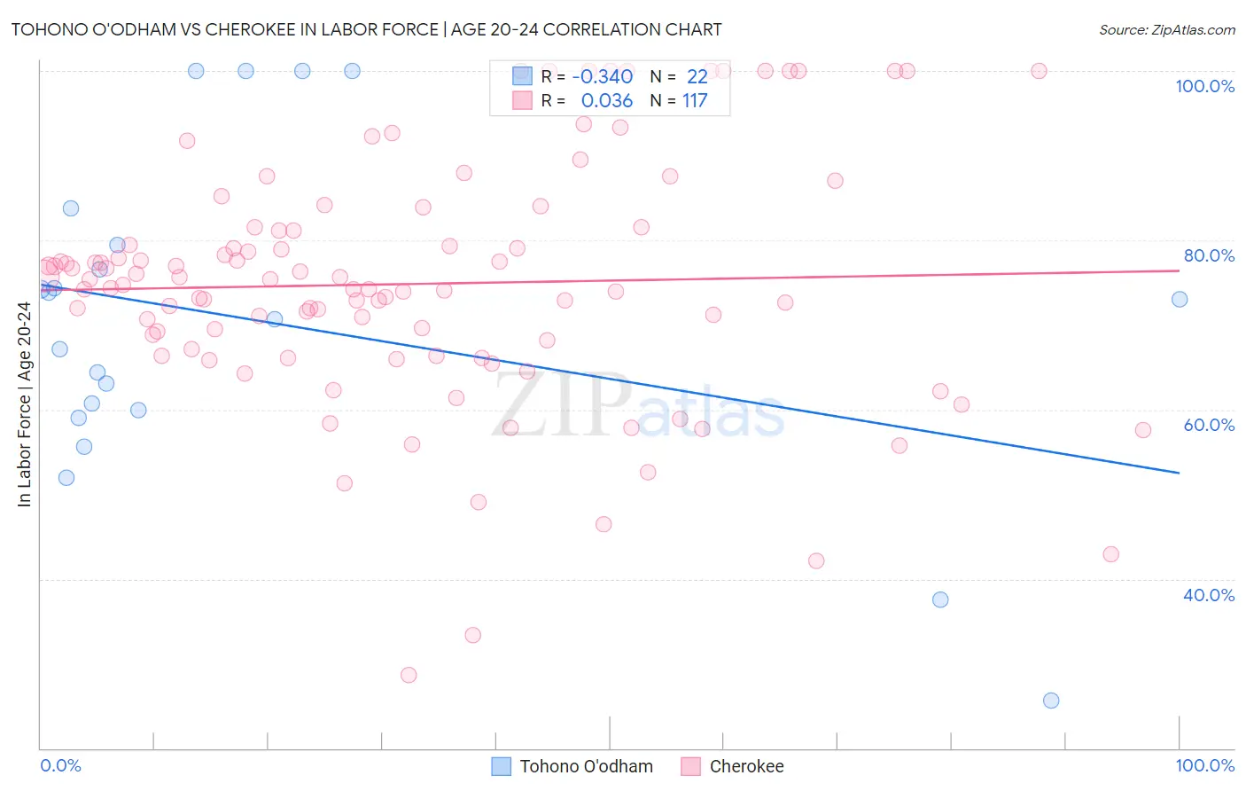Tohono O'odham vs Cherokee In Labor Force | Age 20-24