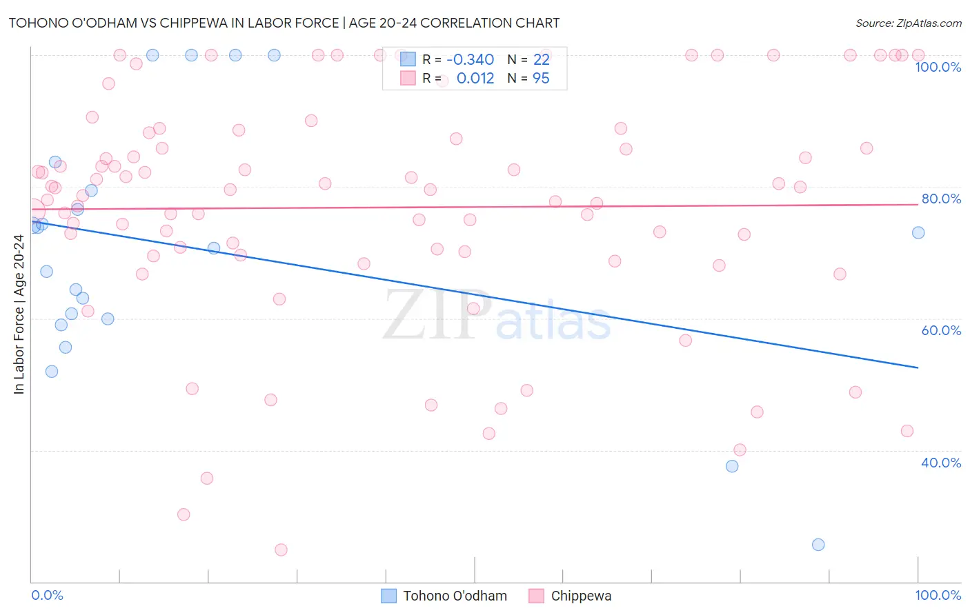 Tohono O'odham vs Chippewa In Labor Force | Age 20-24