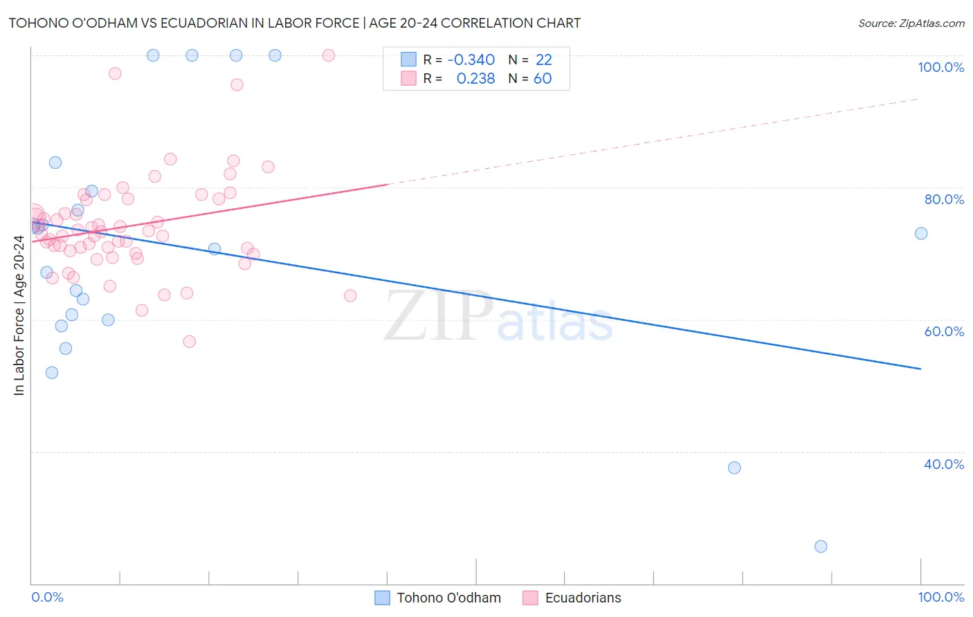 Tohono O'odham vs Ecuadorian In Labor Force | Age 20-24