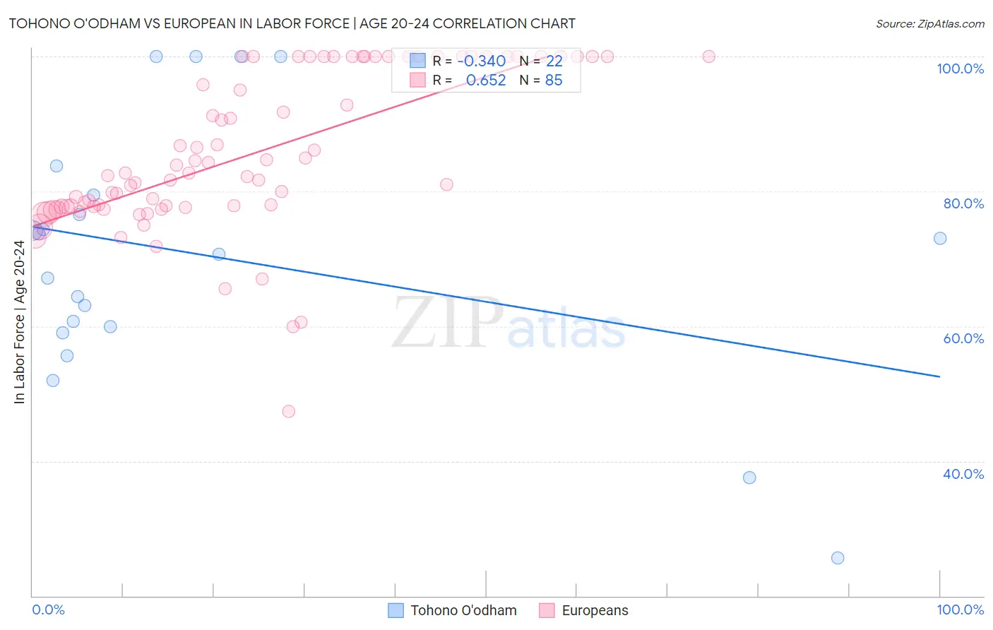 Tohono O'odham vs European In Labor Force | Age 20-24
