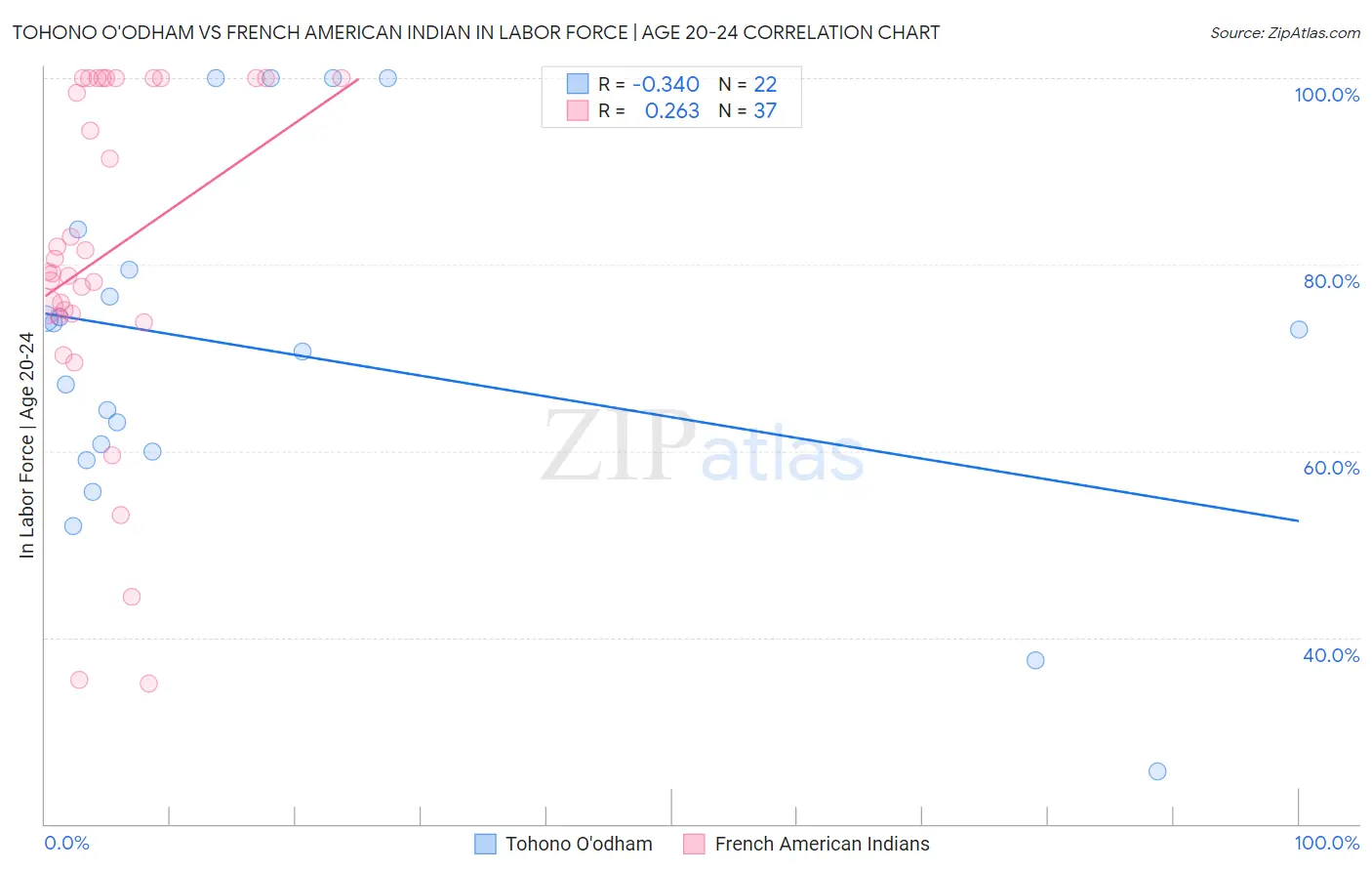 Tohono O'odham vs French American Indian In Labor Force | Age 20-24