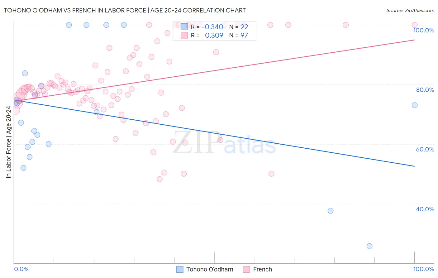 Tohono O'odham vs French In Labor Force | Age 20-24
