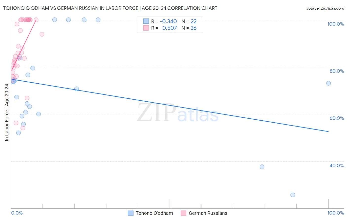 Tohono O'odham vs German Russian In Labor Force | Age 20-24