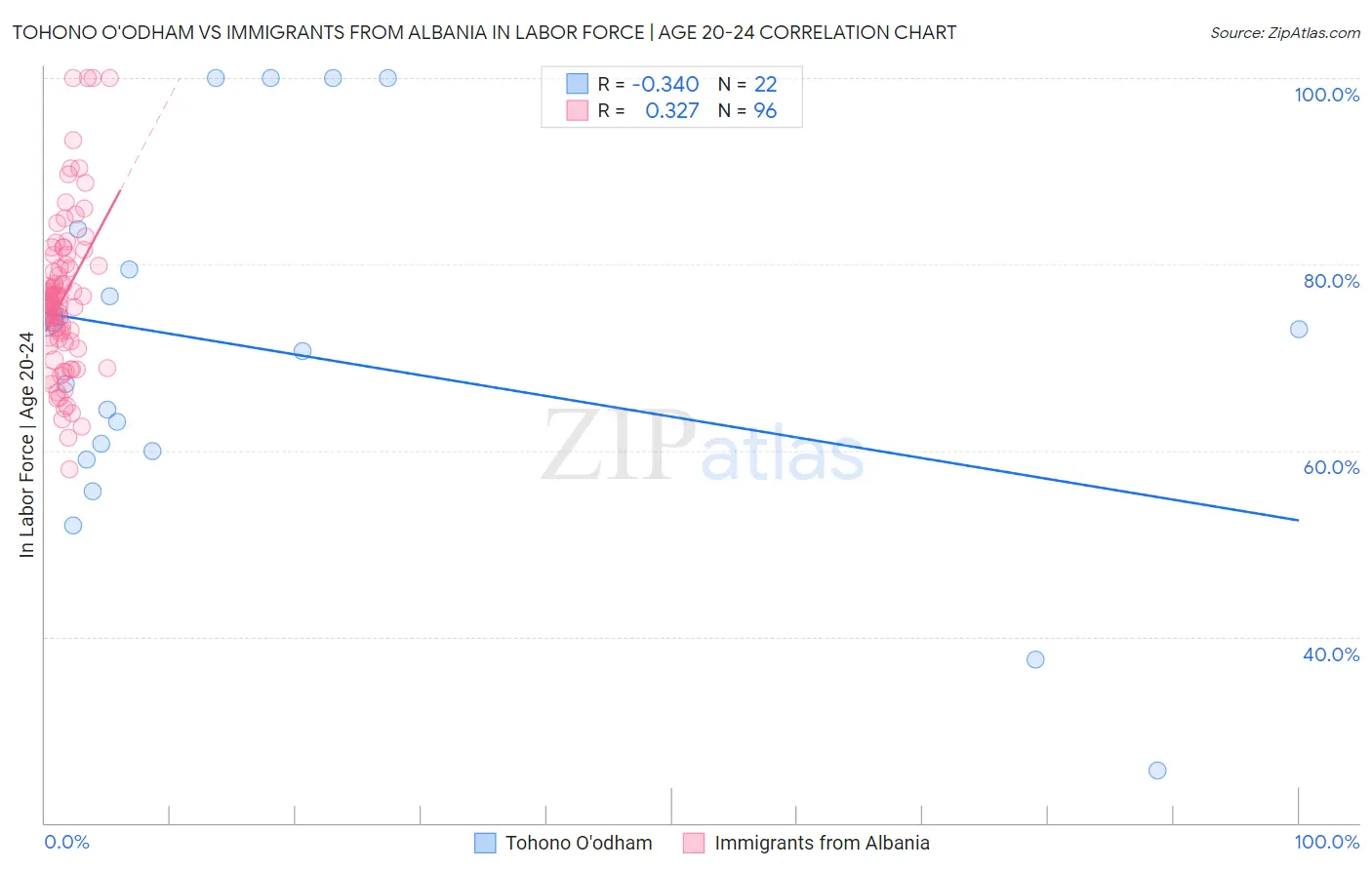 Tohono O'odham vs Immigrants from Albania In Labor Force | Age 20-24