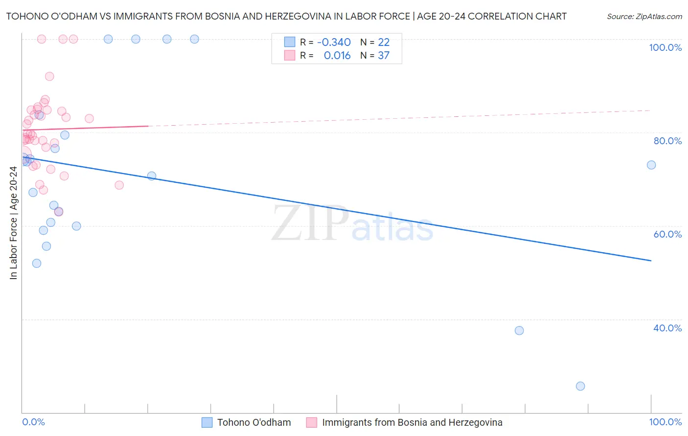 Tohono O'odham vs Immigrants from Bosnia and Herzegovina In Labor Force | Age 20-24