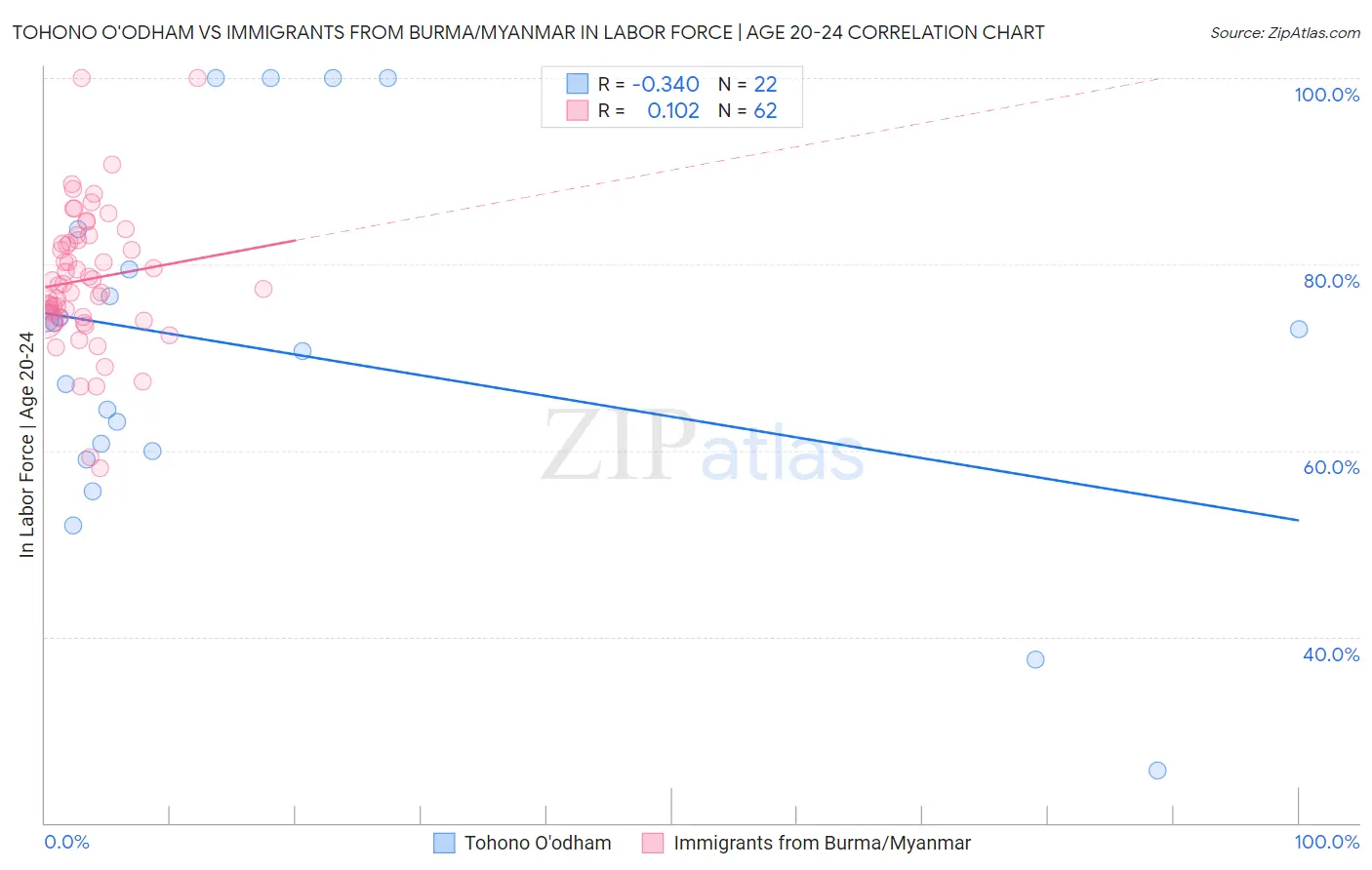 Tohono O'odham vs Immigrants from Burma/Myanmar In Labor Force | Age 20-24