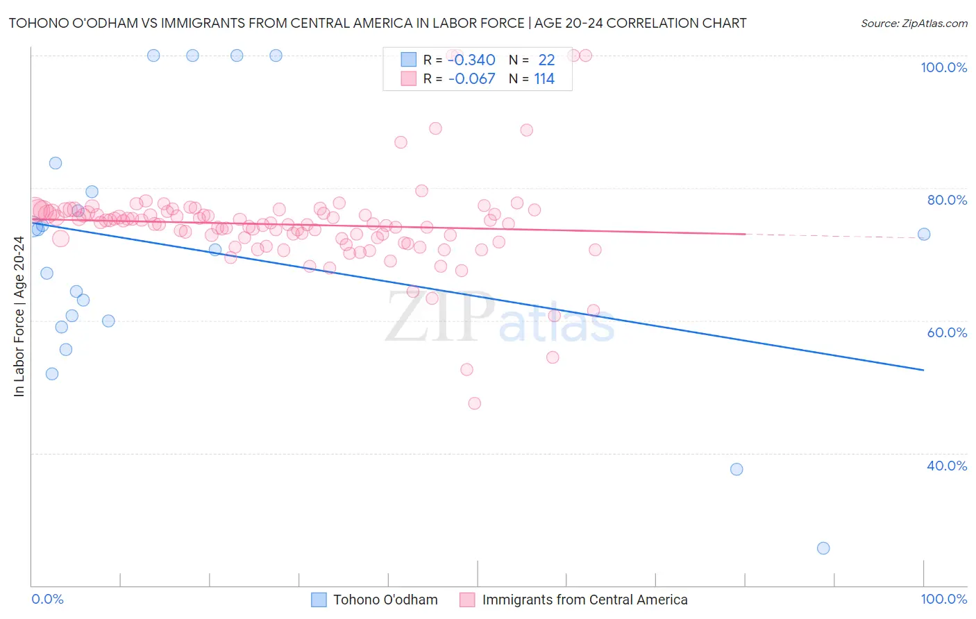 Tohono O'odham vs Immigrants from Central America In Labor Force | Age 20-24