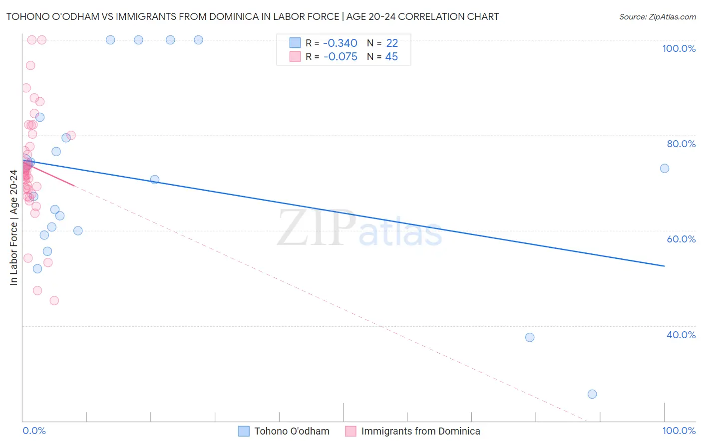 Tohono O'odham vs Immigrants from Dominica In Labor Force | Age 20-24