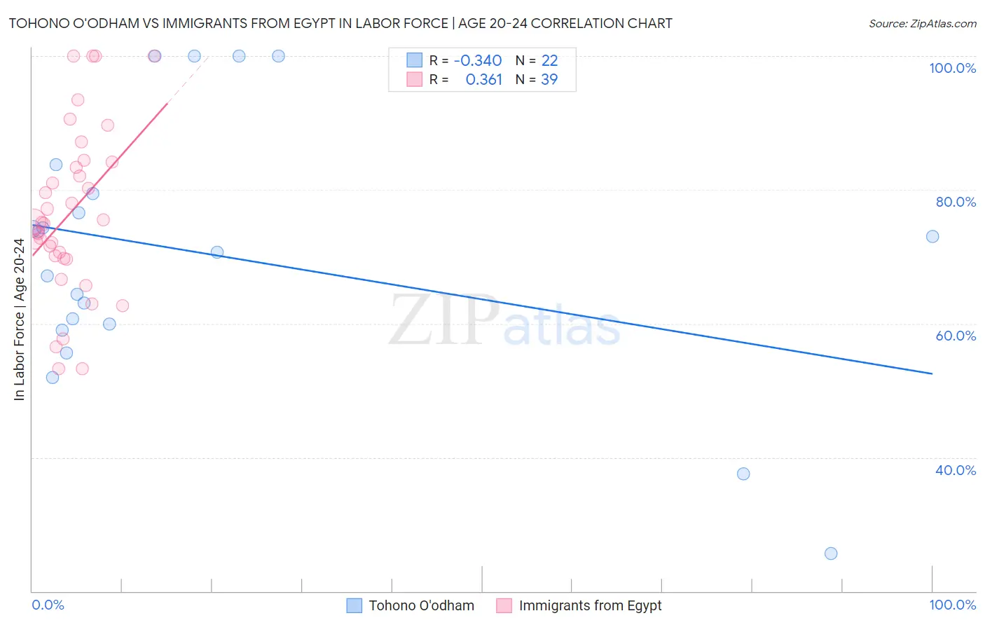 Tohono O'odham vs Immigrants from Egypt In Labor Force | Age 20-24