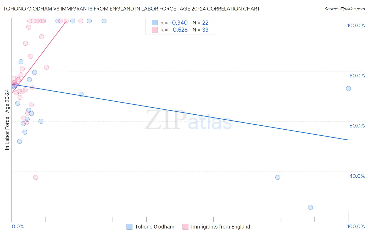 Tohono O'odham vs Immigrants from England In Labor Force | Age 20-24