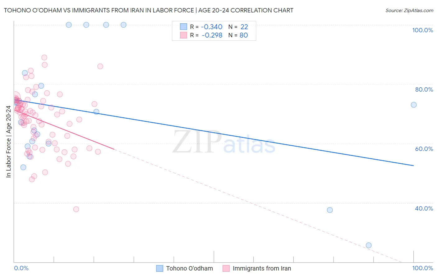 Tohono O'odham vs Immigrants from Iran In Labor Force | Age 20-24