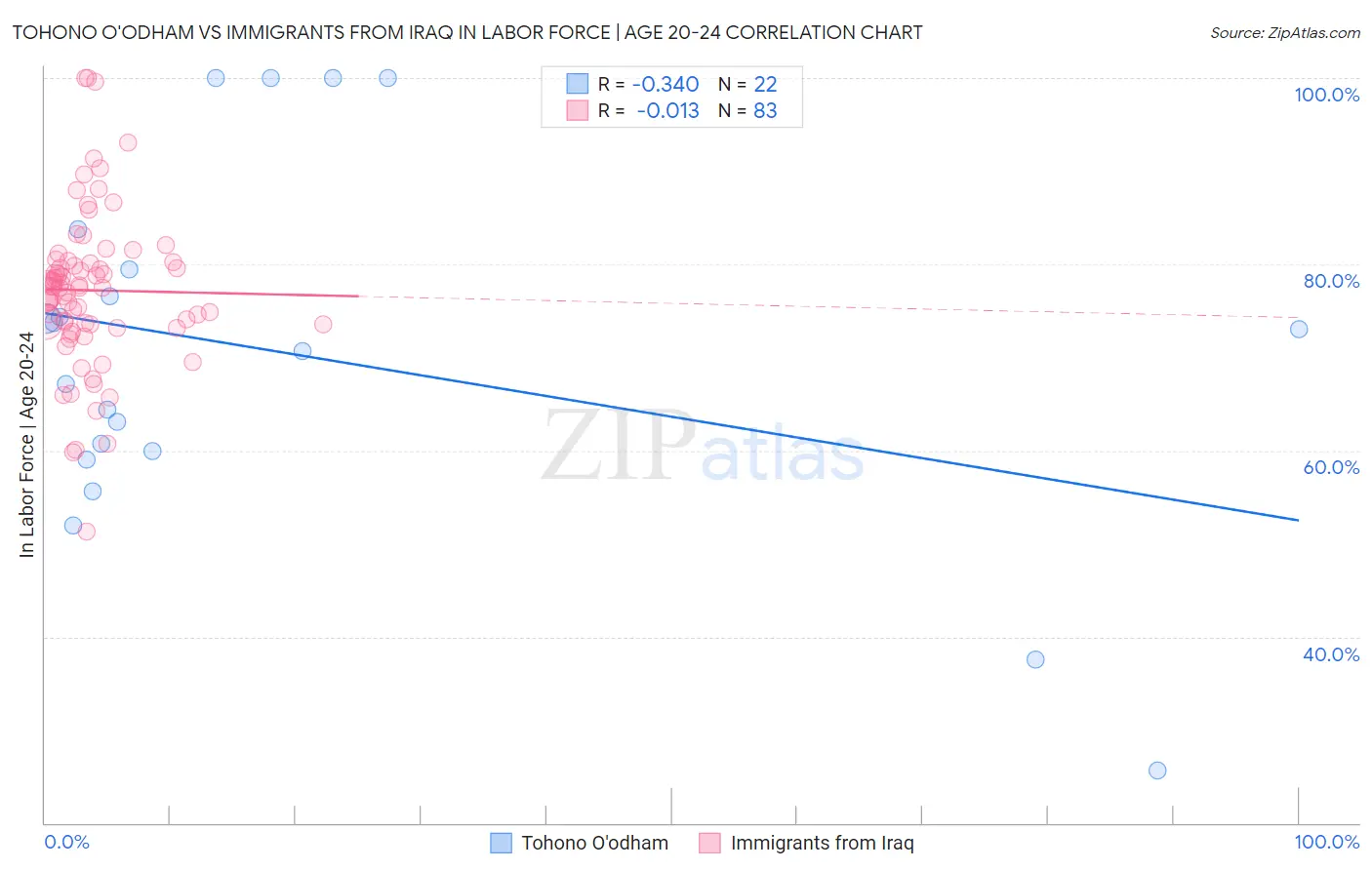 Tohono O'odham vs Immigrants from Iraq In Labor Force | Age 20-24