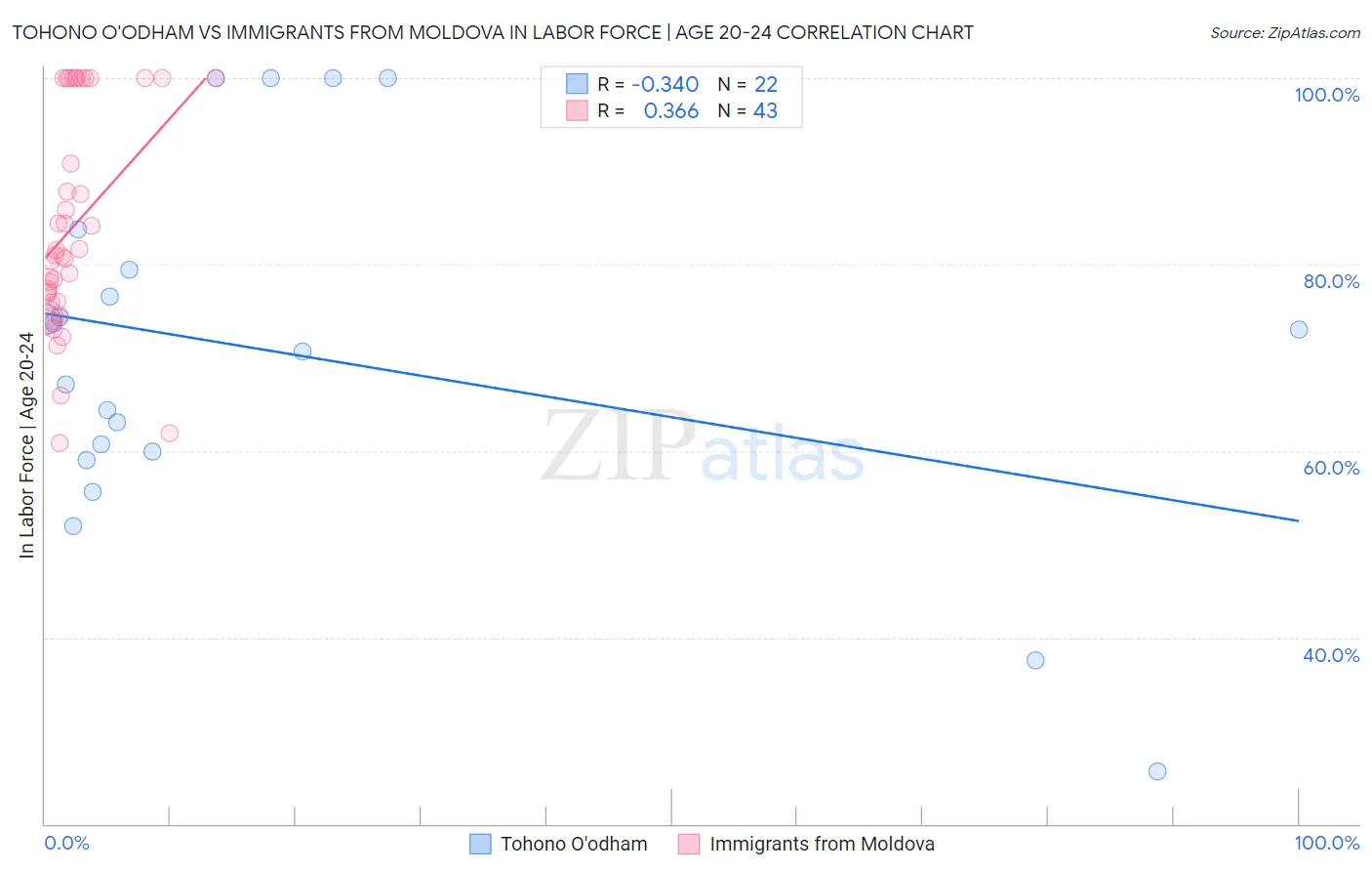 Tohono O'odham vs Immigrants from Moldova In Labor Force | Age 20-24