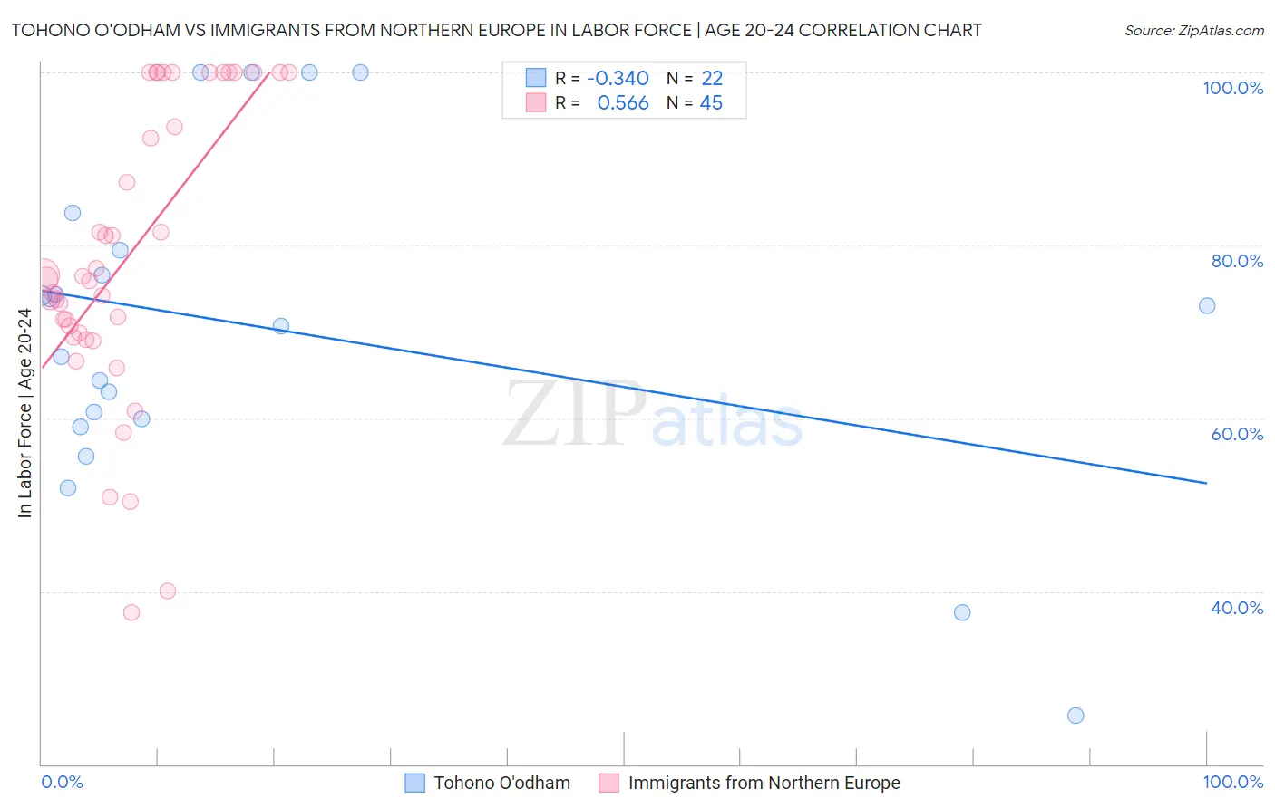 Tohono O'odham vs Immigrants from Northern Europe In Labor Force | Age 20-24