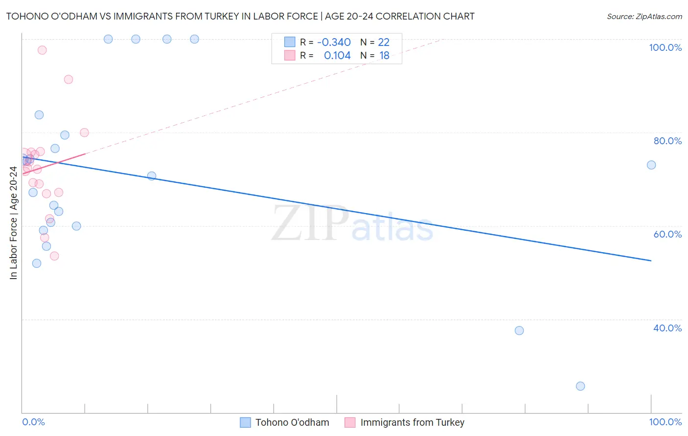 Tohono O'odham vs Immigrants from Turkey In Labor Force | Age 20-24