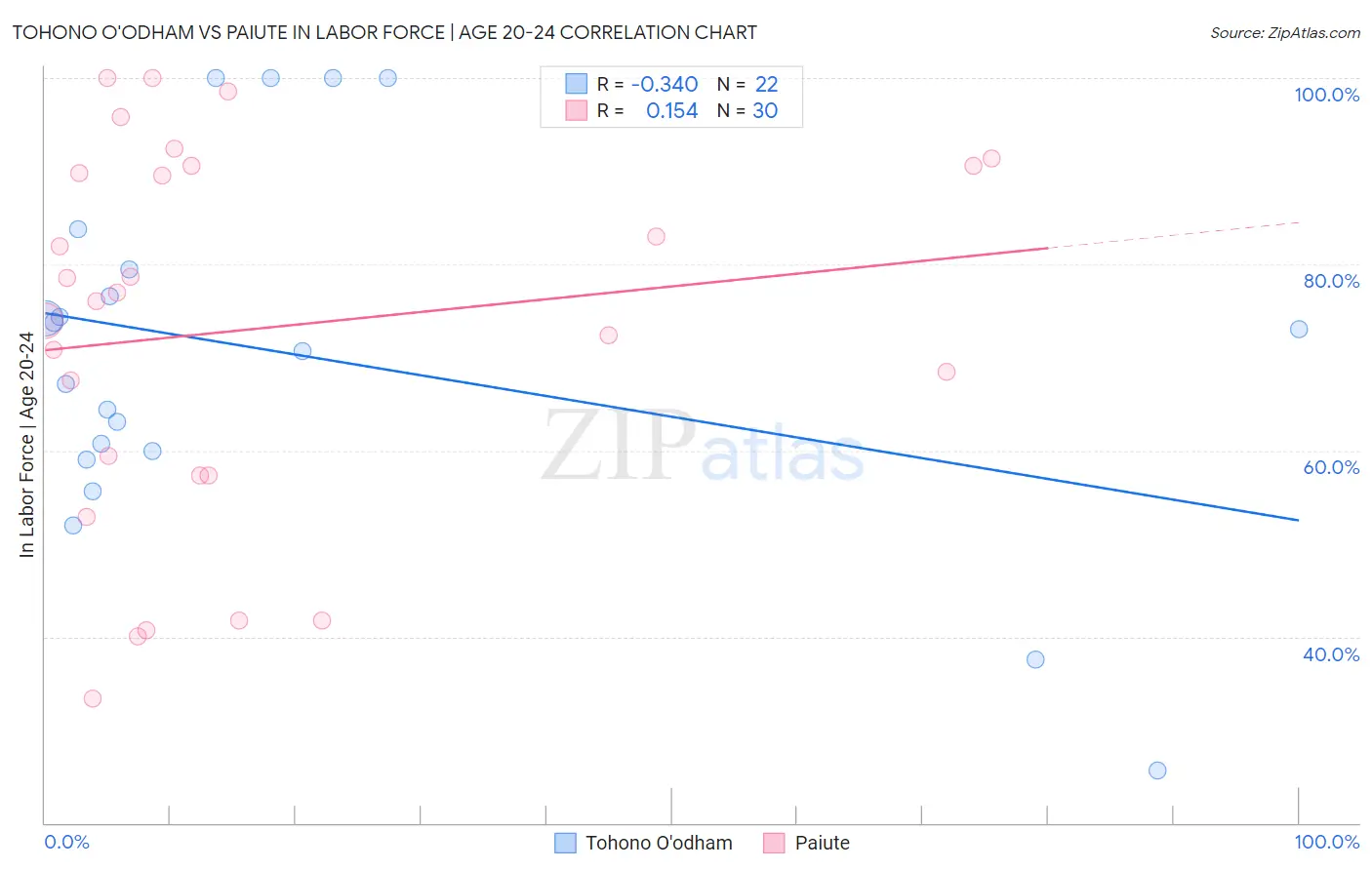 Tohono O'odham vs Paiute In Labor Force | Age 20-24