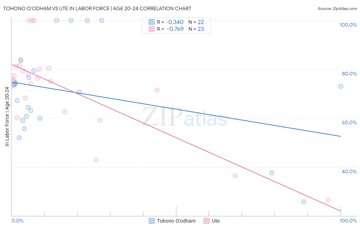 Tohono O'odham vs Ute In Labor Force | Age 20-24