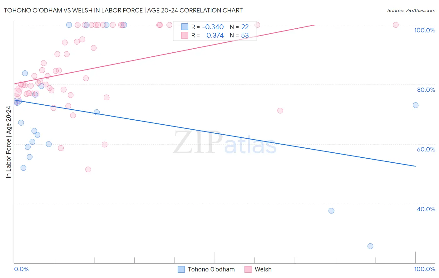 Tohono O'odham vs Welsh In Labor Force | Age 20-24