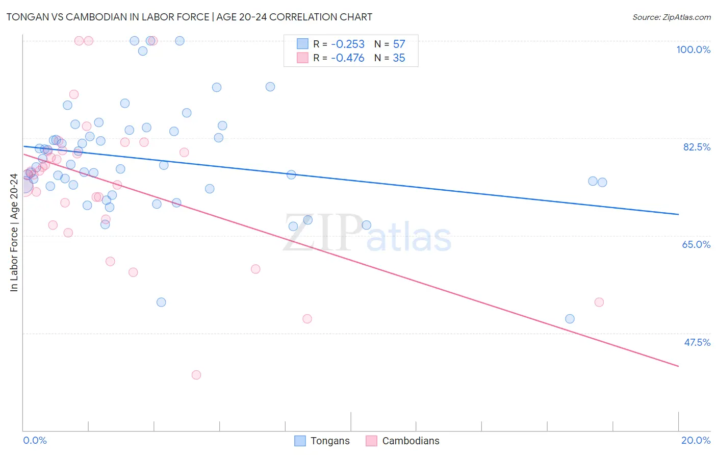Tongan vs Cambodian In Labor Force | Age 20-24