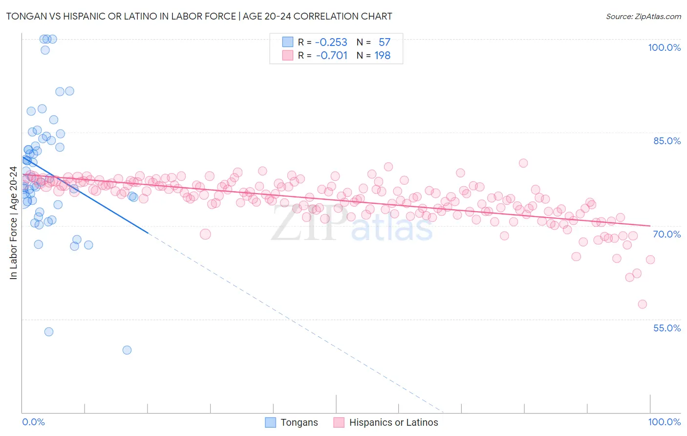 Tongan vs Hispanic or Latino In Labor Force | Age 20-24