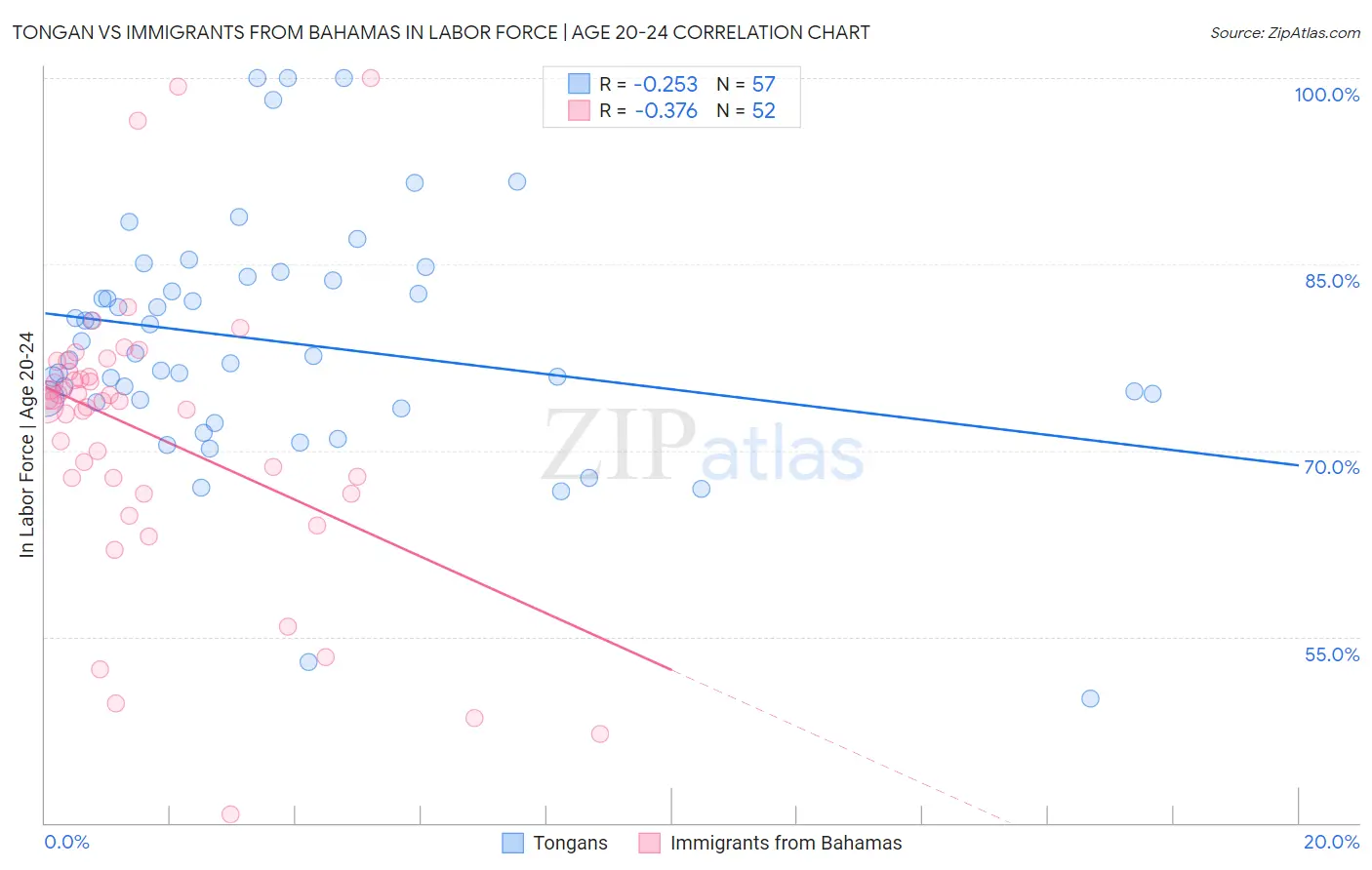 Tongan vs Immigrants from Bahamas In Labor Force | Age 20-24