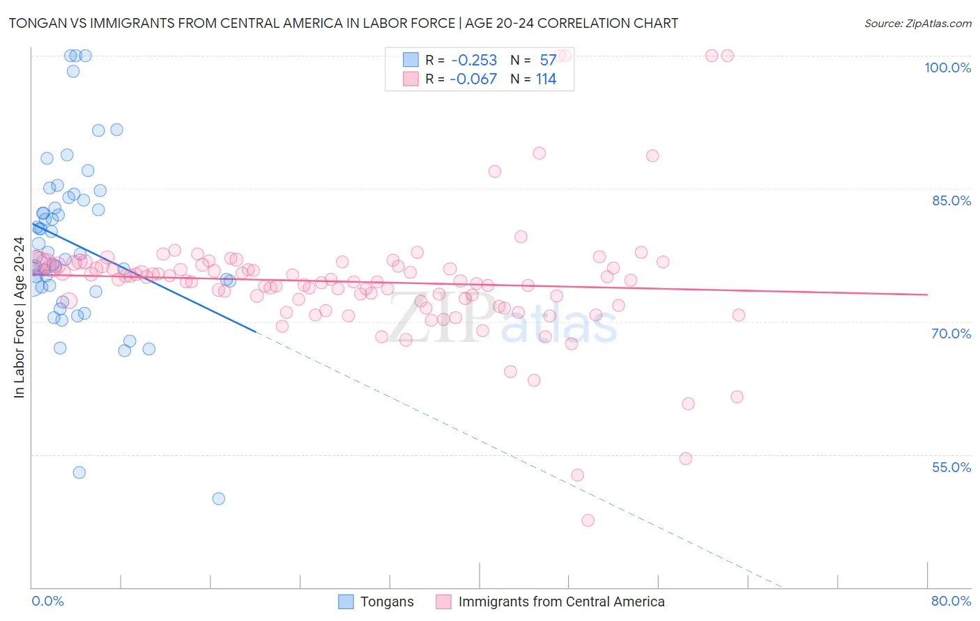 Tongan vs Immigrants from Central America In Labor Force | Age 20-24