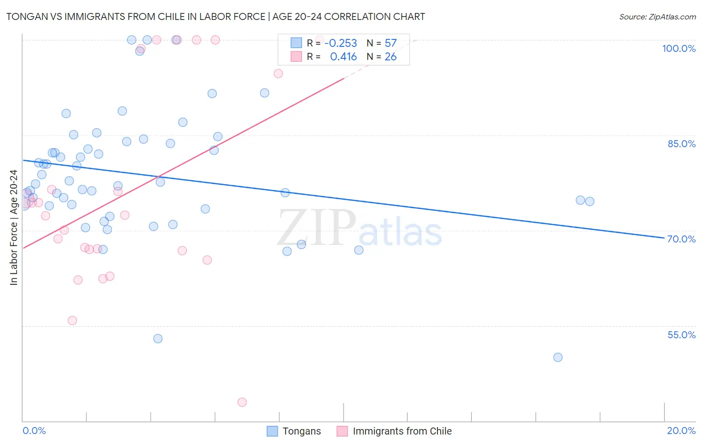 Tongan vs Immigrants from Chile In Labor Force | Age 20-24