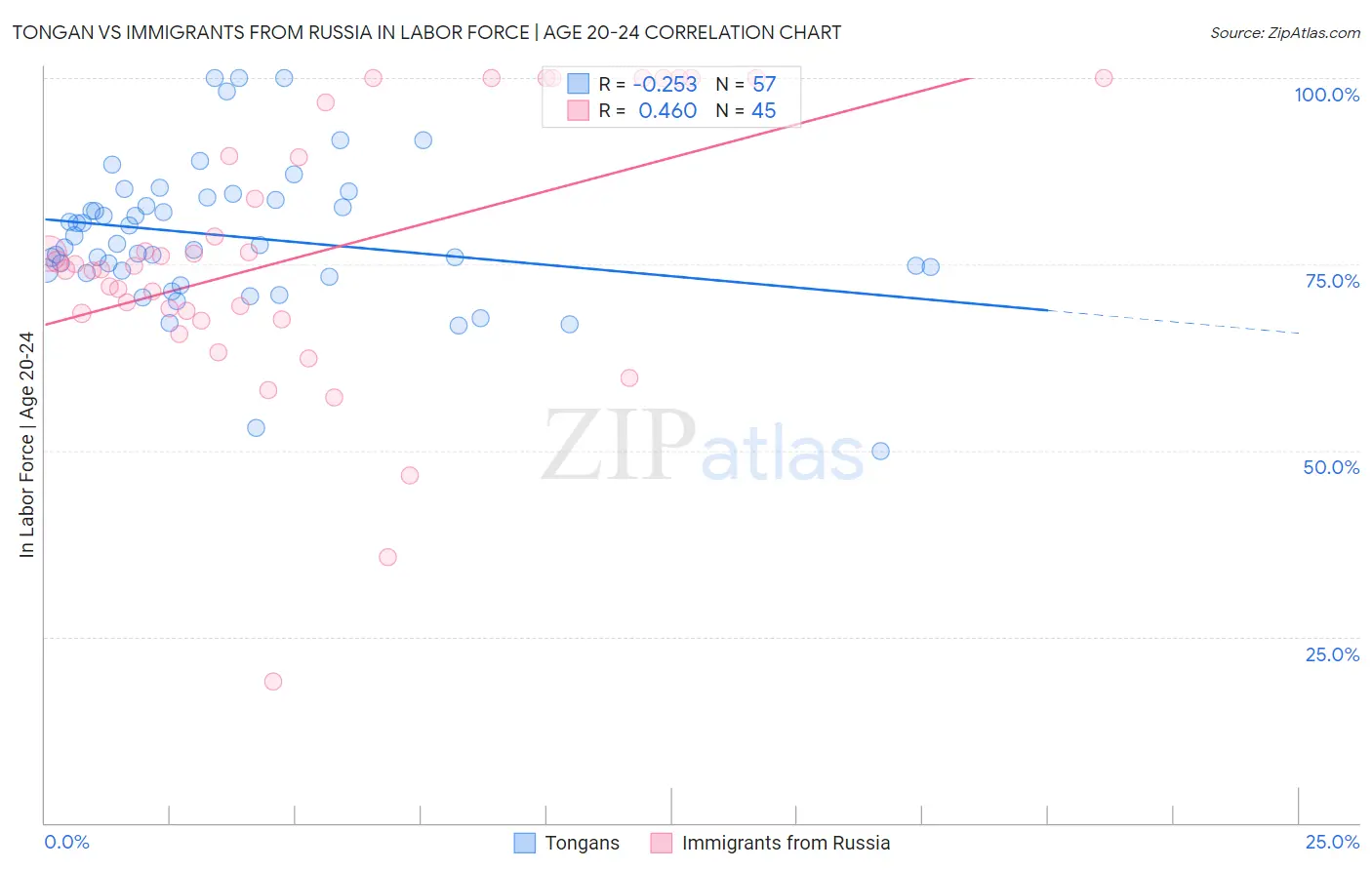 Tongan vs Immigrants from Russia In Labor Force | Age 20-24