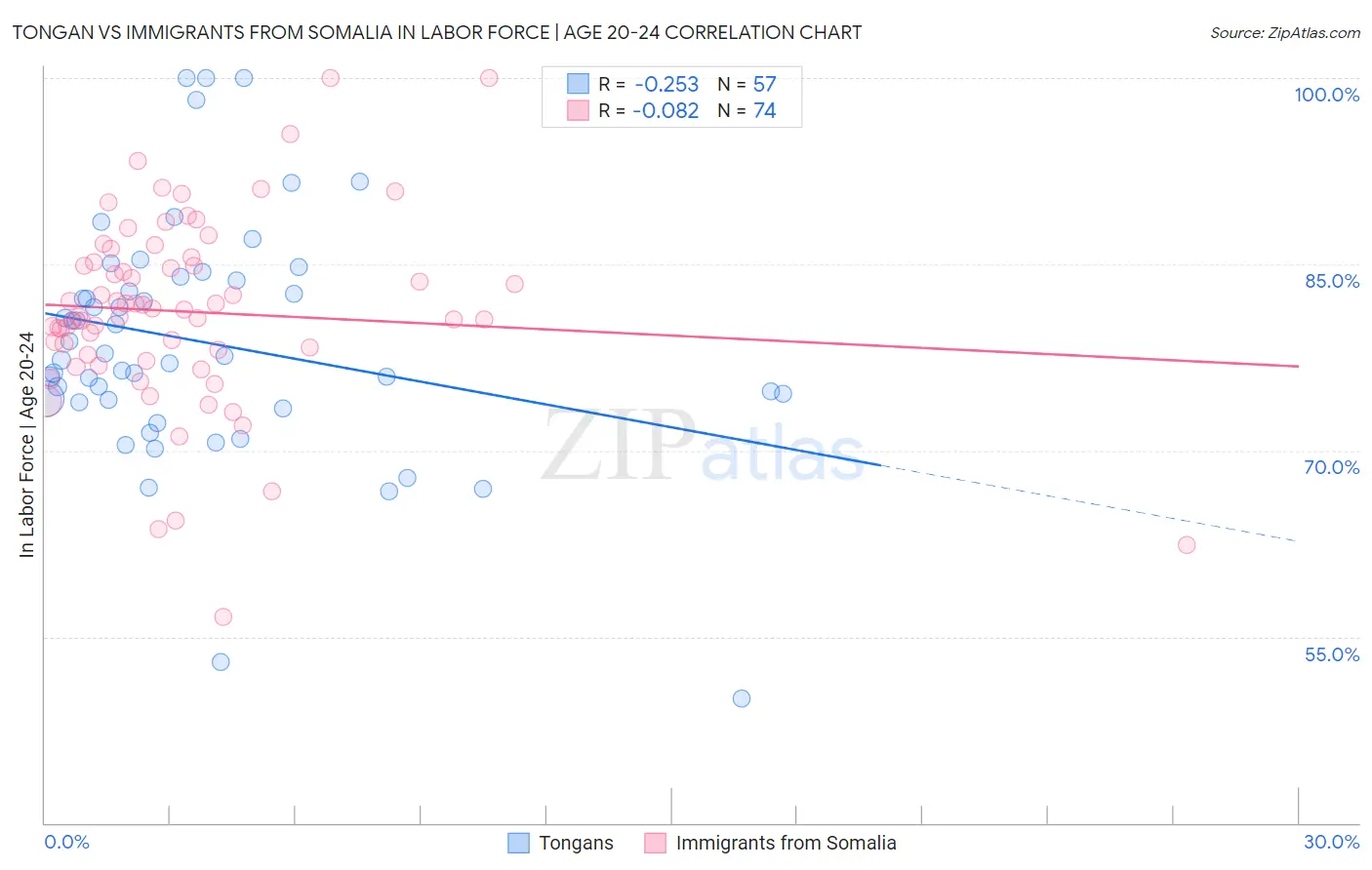 Tongan vs Immigrants from Somalia In Labor Force | Age 20-24