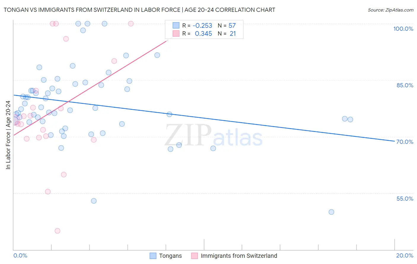 Tongan vs Immigrants from Switzerland In Labor Force | Age 20-24