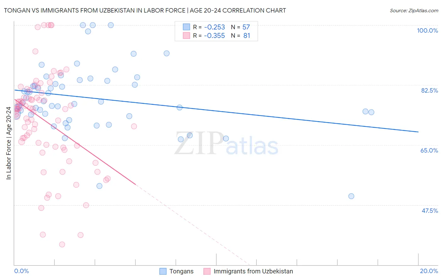 Tongan vs Immigrants from Uzbekistan In Labor Force | Age 20-24