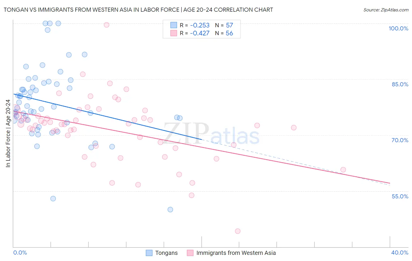 Tongan vs Immigrants from Western Asia In Labor Force | Age 20-24