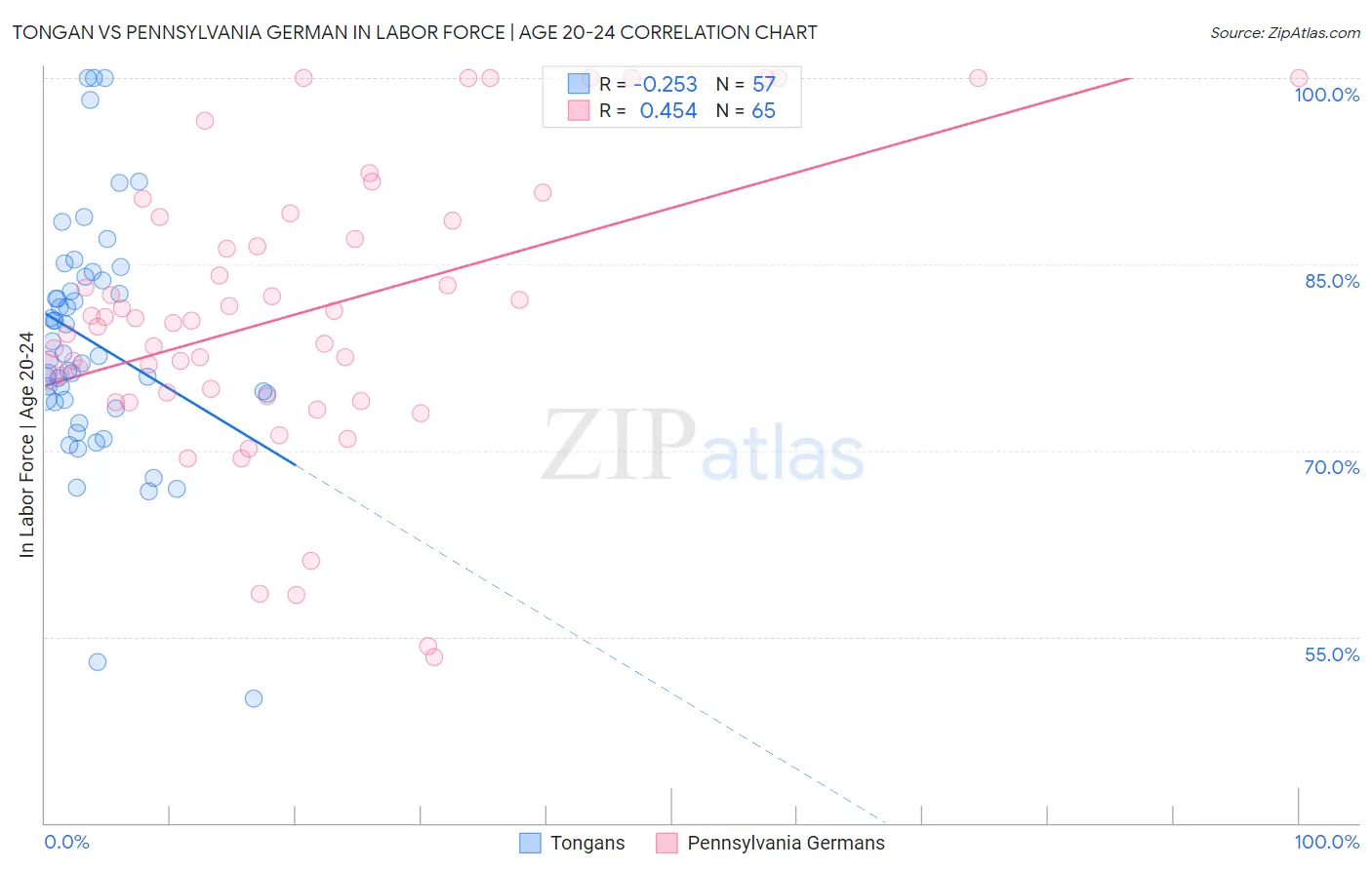 Tongan vs Pennsylvania German In Labor Force | Age 20-24