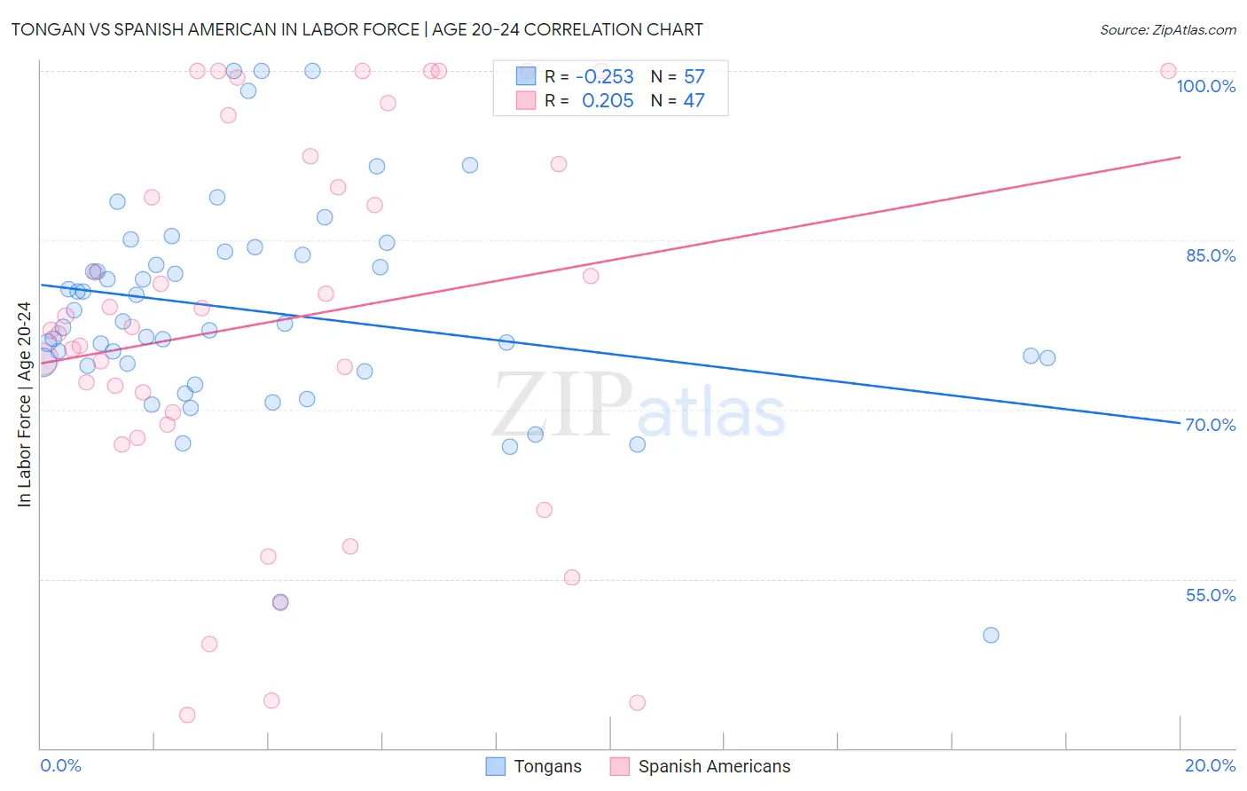 Tongan vs Spanish American In Labor Force | Age 20-24