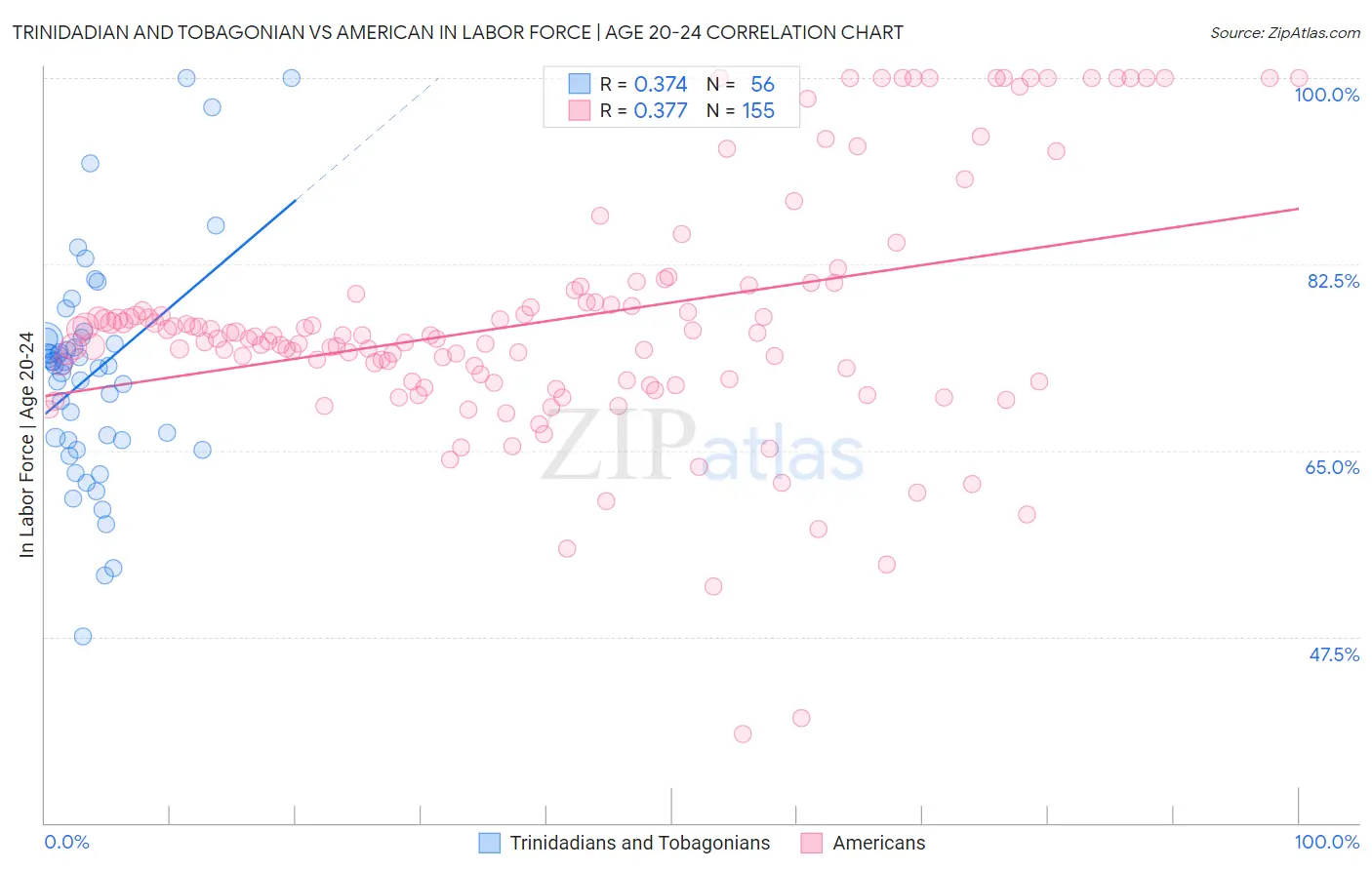 Trinidadian and Tobagonian vs American In Labor Force | Age 20-24
