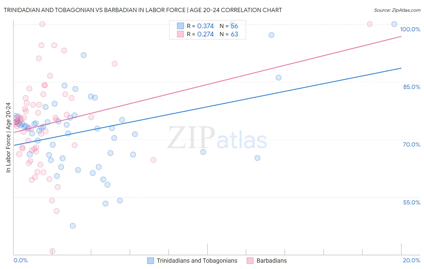 Trinidadian and Tobagonian vs Barbadian In Labor Force | Age 20-24